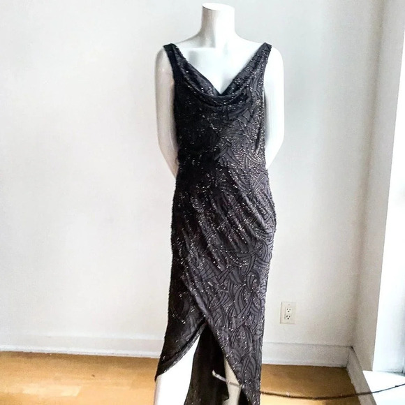 Frank Usher Sequin Embellished Bronze Asymmetrical Low BAck Cowl Neck  Gown 8 - Picture 5 of 13